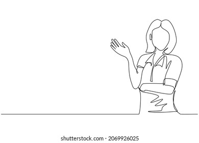 Continuous one line drawing beautiful woman in casual clothes presenting something. Young business woman showing something or presenting project. Single line draw design vector graphic illustration