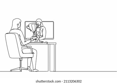 Continuous one line drawing beautiful businesswoman holds out a golden cup from a monitor to a happy office worker. Award in the online contest. Single line draw design vector graphic illustration
