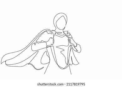 Continuous one line drawing beautiful young female in business hijab wearing shirt. Successful Arabian businesswoman. Hero, ripping off her shirt. Single line draw design vector graphic illustration