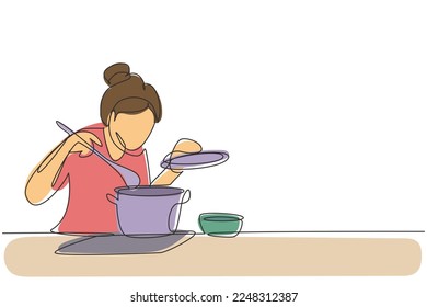 Continuous one line drawing beautiful housewife enjoying smell of cooking from pot. Prepare food at cozy kitchen. Cooking at home. Healthy food. Single line draw design vector graphic illustration