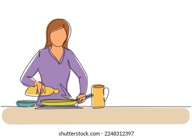 Continuous one line drawing beautiful woman pouring cooking oil from bottle into frying pan stove  Prepare food at cozy kitchen  Cooking at home  Single line draw design vector graphic illustration