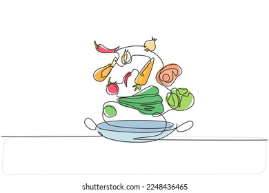 Continuous one line drawing beautiful Arabian woman pouring orange juice into glass from bottle while having breakfast at home. Healthy lifestyle. Single line draw design vector graphic illustration