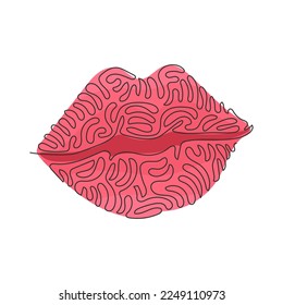 Continuous one line drawing beautiful red lips. Mark left after firm kiss is placed with bright lipstick. Kiss mark emoji. Swirl curl style. Single line draw design vector graphic illustration