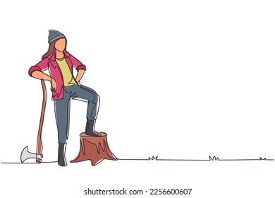 Continuous one line drawing beautiful woman lumberjack wearing workwear and beanie hat, standing with axe and posing with one foot on a tree stump. Single line draw design vector graphic illustration