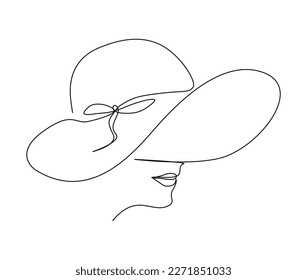 Continuous one line drawing of beautiful woman wearing sun hat. Simple linear beauty lady face and summer hat  line art vector illustration.  