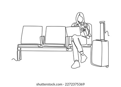 Continuous one line drawing Beautiful young woman waiting boarding on aircraft in airport lounge. airport activities concept. Single line draw design vector graphic illustration.