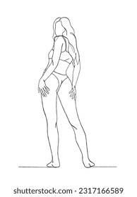 Continuous one line drawing of beautiful girl in swimsuit illustration. Vector illustration.