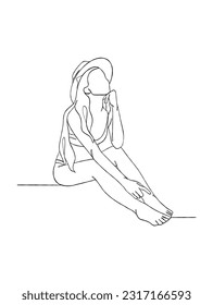 Continuous one line drawing of beautiful girl in swimsuit illustration. Vector illustration.