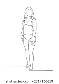 Continuous one line drawing of beautiful girl in swimsuit illustration. Vector illustration.