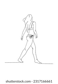 Continuous one line drawing of beautiful girl in swimsuit illustration. Vector illustration.