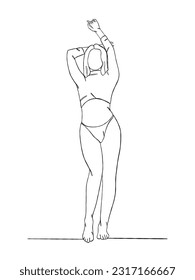 Continuous one line drawing of beautiful girl in swimsuit illustration. Vector illustration.