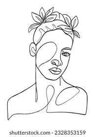 Continuous one line drawing of beautiful black woman. Vector illustration.