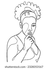 Continuous one line drawing of beautiful black woman. Vector illustration.