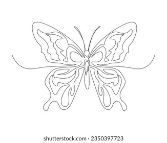 Continuous one line drawing of beautiful butterfly. Butterfly outline vector illustration.  