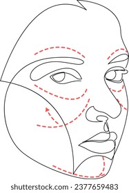 Dibujo continuo de una línea de una hermosa mujer con marcas dibujadas en su cara para cirugía plástica de cosmética. Ilustración del vector facial hembra abstracta de una sola línea.