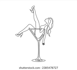 Continuous one line drawing of beautiful woman in a martini glass