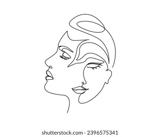 Continuous one line drawing of beautiful lady face. Pretty woman outline vector illustration for fashion and beauty skin care concept. Editable stroke.