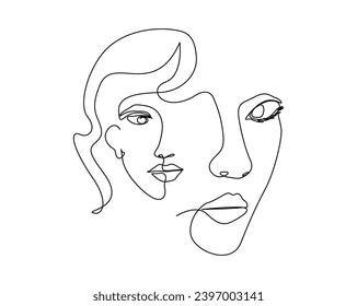 Continuous one line drawing of beautiful potrait female's face. Pretty woman outline vector illustration for fashion and beauty skin care concept. Editable stroke.