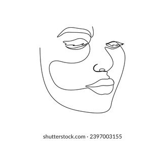 Continuous one line drawing of beautiful lady face. Pretty woman outline vector illustration. Editable stroke.