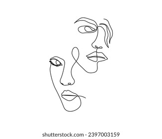 Continuous one line drawing of beautiful potrait female's face. Pretty woman outline vector illustration for fashion and beauty skin care concept. Editable stroke.