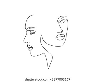 Continuous one line drawing of beautiful potrait female's face. Pretty woman outline vector illustration for fashion and beauty skin care concept. Editable stroke.