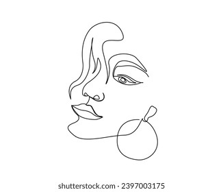 Continuous one line drawing of beautiful lady face. Pretty woman outline vector illustration. Editable stroke.