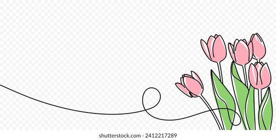 Continuous one line drawing of beautiful spring flowers vector design. Single line art illustration bouquet of pink tulips on transparent background