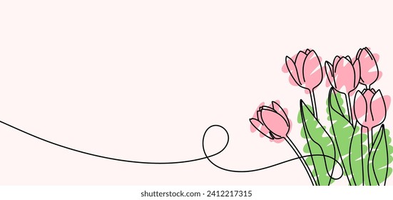 Continuous one line drawing of beautiful spring flowers vector design. Single line art illustration bouquet of pink tulips