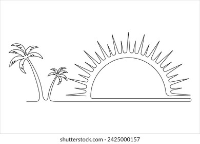 continuous One line drawing of beautiful sunset scenery. single line art of palm tree,birds Isolated on vector illustration design.