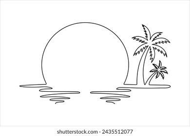 Una línea de dibujo de hermosos paisajes de la puesta del sol. arte de una sola línea de la palmera, pájaros aislados en diseño de ilustración vectorial.