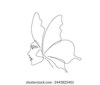 Continuous one line drawing of beautiful female face combined with butterfly wings. pretty woman face anf butterfly simple lineart.