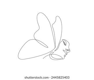 Continuous one line drawing of beautiful female face combined with butterfly wings. pretty woman face anf butterfly simple lineart.