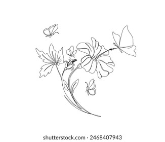 Continuous one line drawing of beautiful flower with butterfly. Flower and butterfly simple outline vector. Editable stroke.