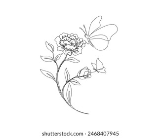 Continuous one line drawing of beautiful flower with butterfly. Flower and butterfly simple outline vector. Editable stroke.