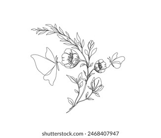 Continuous one line drawing of beautiful flower with butterfly. Flower and butterfly simple outline vector. Editable stroke.