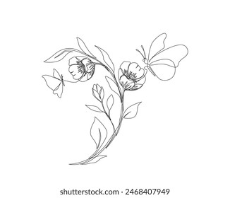 Kontinuierliche eine Linie Zeichnung von schönen Blume mit Schmetterling. Blume und Schmetterling einfache Umriss Vektorgrafik. Bearbeitbarer Strich.