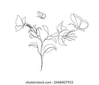 Continuous one line drawing of beautiful flower with butterfly. Flower and butterfly simple outline vector. Editable stroke.