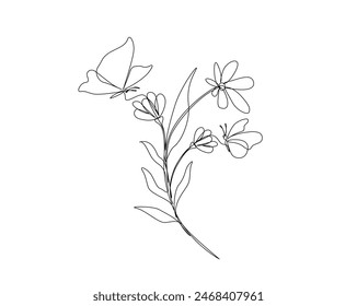 Continuous one line drawing of beautiful flower with butterfly. Flower and butterfly simple outline vector. Editable stroke.