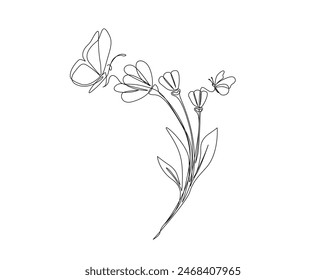 Continuous one line drawing of beautiful flower with butterfly. Flower and butterfly simple outline vector. Editable stroke.