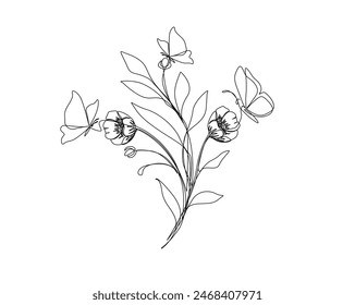 Continuous one line drawing of beautiful flower with butterfly. Flower and butterfly simple outline vector. Editable stroke.