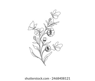 Continuous one line drawing of beautiful flower with butterfly. Flower and butterfly simple outline vector. Editable stroke.