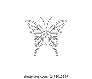 Continuous one line drawing of beautiful butterfly. Butterfly simple outline vector illustration. 