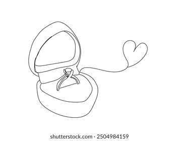 Continuous one line drawing beautiful shiny platinum engagement ring with big gem diamond in rich red velvet box isolated on white background. st Valentine's Day proposal gesture present.