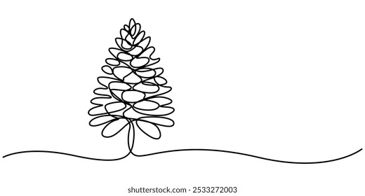 Continuous one line drawing of beautiful pine cone icon in silhouette on a white background. Linear stylized, Spruce cone one line art. Continuous line drawing of new year, freezing, holidays, pine