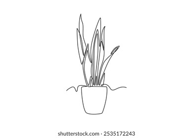 Continuous one line drawing beautiful snake plant in pot for home decoration logo identity. Fresh evergreen perennial plant concept for plant icon. Single line draw design vector graphic illustration