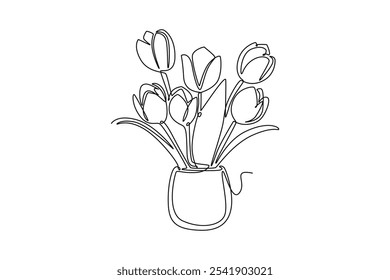 Línea continua dibujando hermosos tulipanes en florero. Decoración floral real. Envía aroma fresco por toda la habitación. Exhibición de la planta. Día Nacional de las Flores. Ilustración gráfica de Vector de diseño de línea única