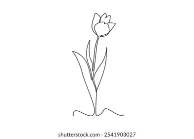 Kontinuierliche eine Linie Zeichnung schöne frische Tulpe Blume Pflanze. Tropischer Blumenstil, Liebe romantisches Konzept für Poster, Wanddekoration Ornament. Vektorgrafik mit einfarbiger Zeichnung