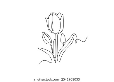 Continuous one line drawing beautiful fresh tulip flower plant. Tropical floral style, love romantic concept for poster, wall decoration ornament. Single line draw design vector graphic illustration