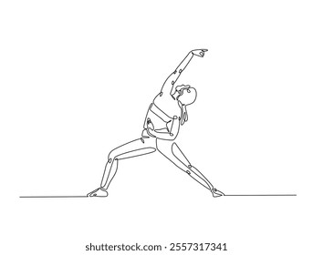 Continuous one line drawing of beautiful female yoga pose character. woman doing yoga exercise in single line draw vector illustration. Editable line vector. 
