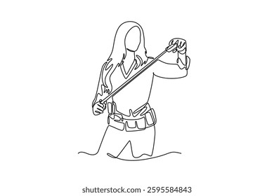 Continuous one line drawing of beautiful female carpenter holding measuring tape in workshop. Woman worker on job construction or home renovation. Single line draw design vector graphic illustration